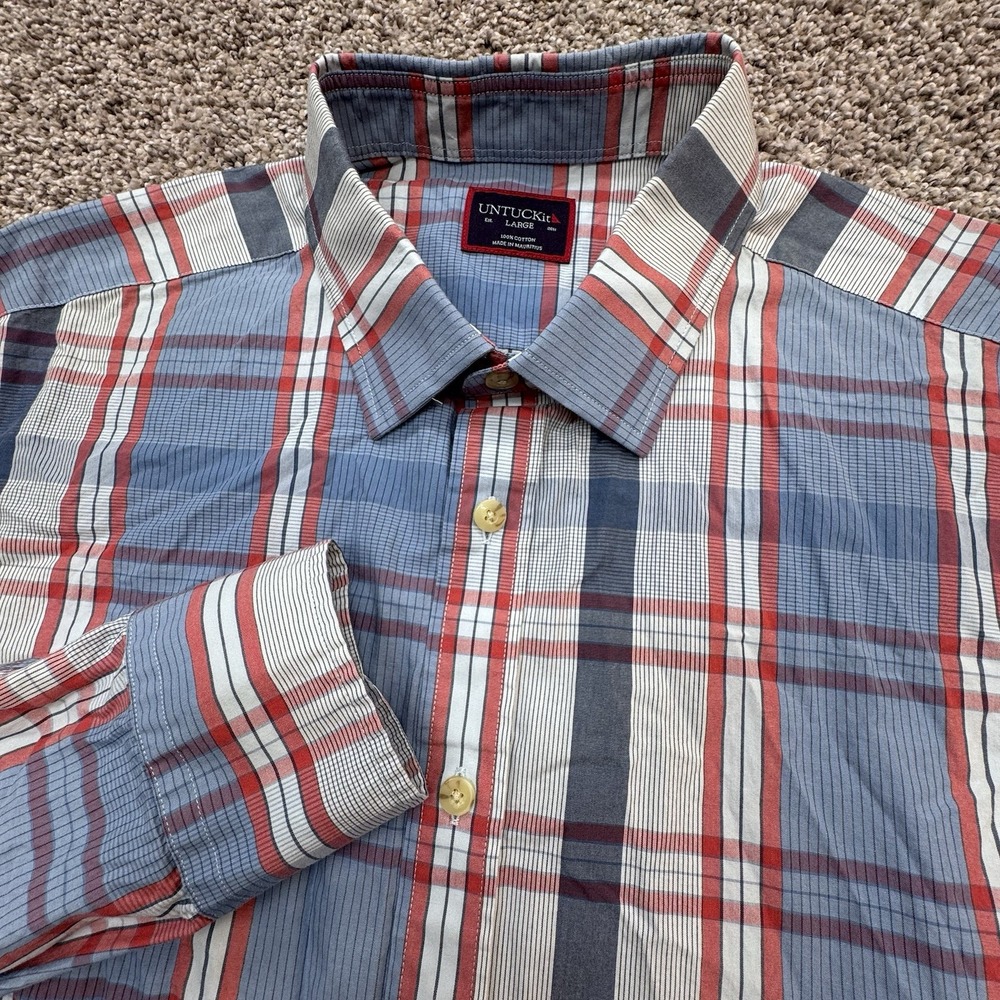 Untuckit Shirt Mens Large Blue Plaid Long Sleeve Button Up‎ Cotton
